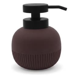 Spherical dark brown ceramic soap dispenser with ribbed texture at the bottom and a black pump on a white background - view 2