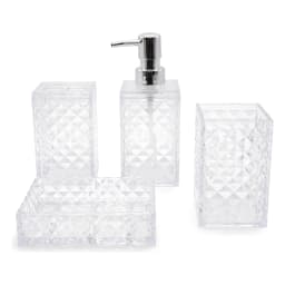 Four-piece clear acrylic bathroom set with diamond texture including a soap dispenser, toothbrush holder, cup, and soap dish. - view 2