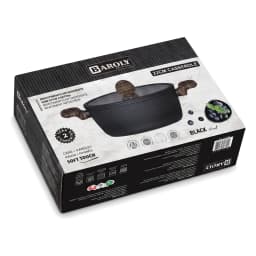 Black ceramic casserole pot with ribbed texture, glass lid, and wood-look ceramic handles, shown in its packaging. - view 2