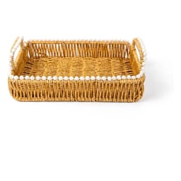 Two rectangular woven khous serving trays, brown with white pearl-like beads along the rim, stacked on a white background. - view 2
