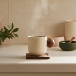 Ceramic Cup with Wooden Handle & Coaster Set - Cream - view 4