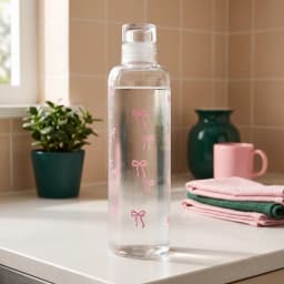 Clear acrylic water bottle with scattered pink bow pattern and a transparent screw cap, on a white background. - view 1