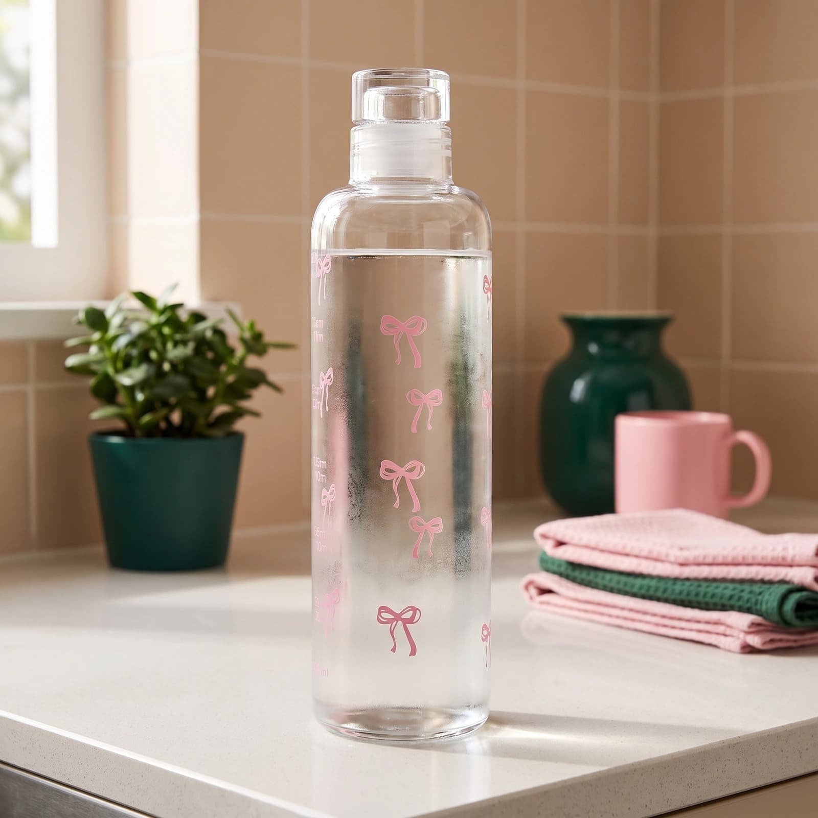 Clear acrylic water bottle with scattered pink bow pattern and a transparent screw cap, on a white background.