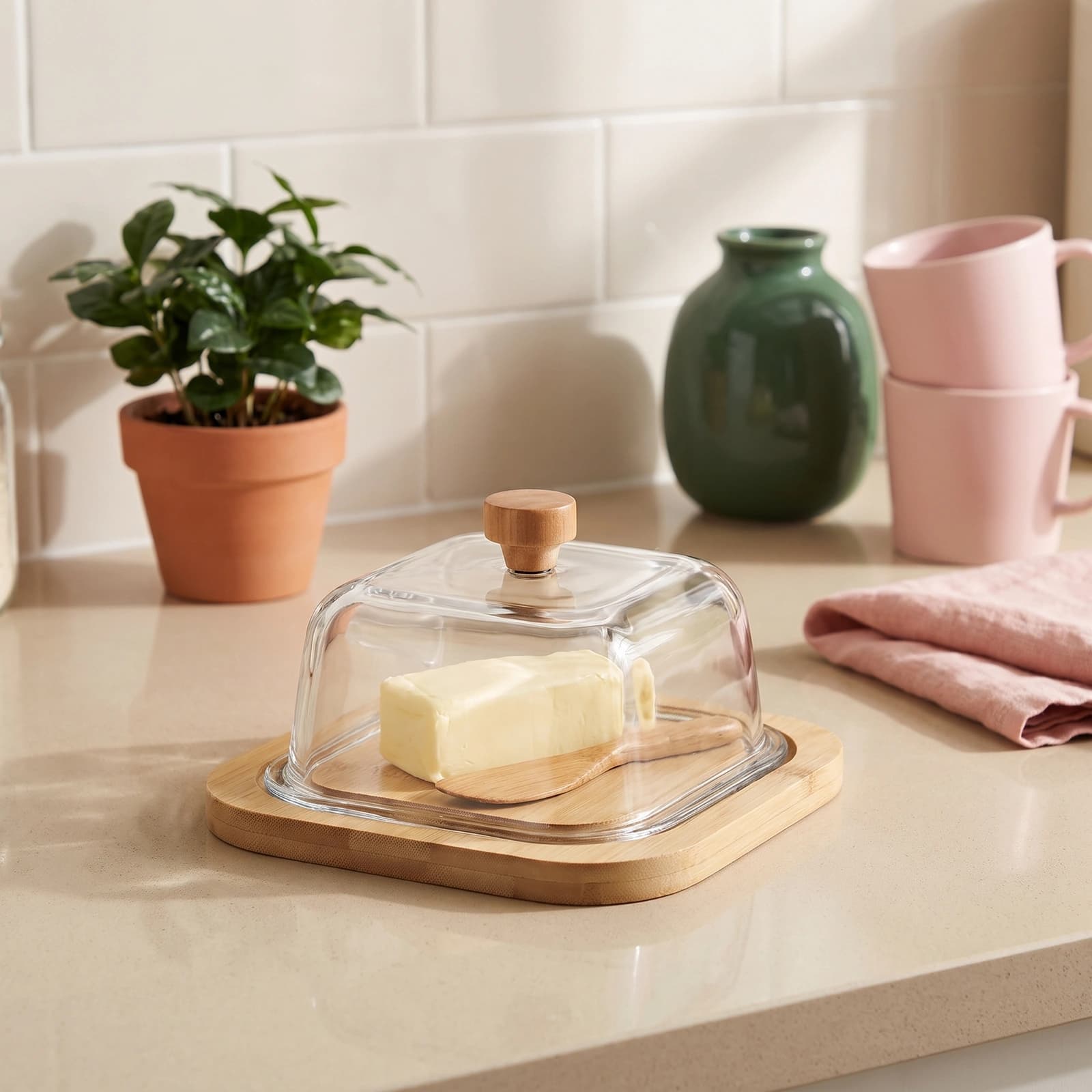 Square butter dish with a light brown wood base and a clear glass lid with a small wooden knob on a white background.