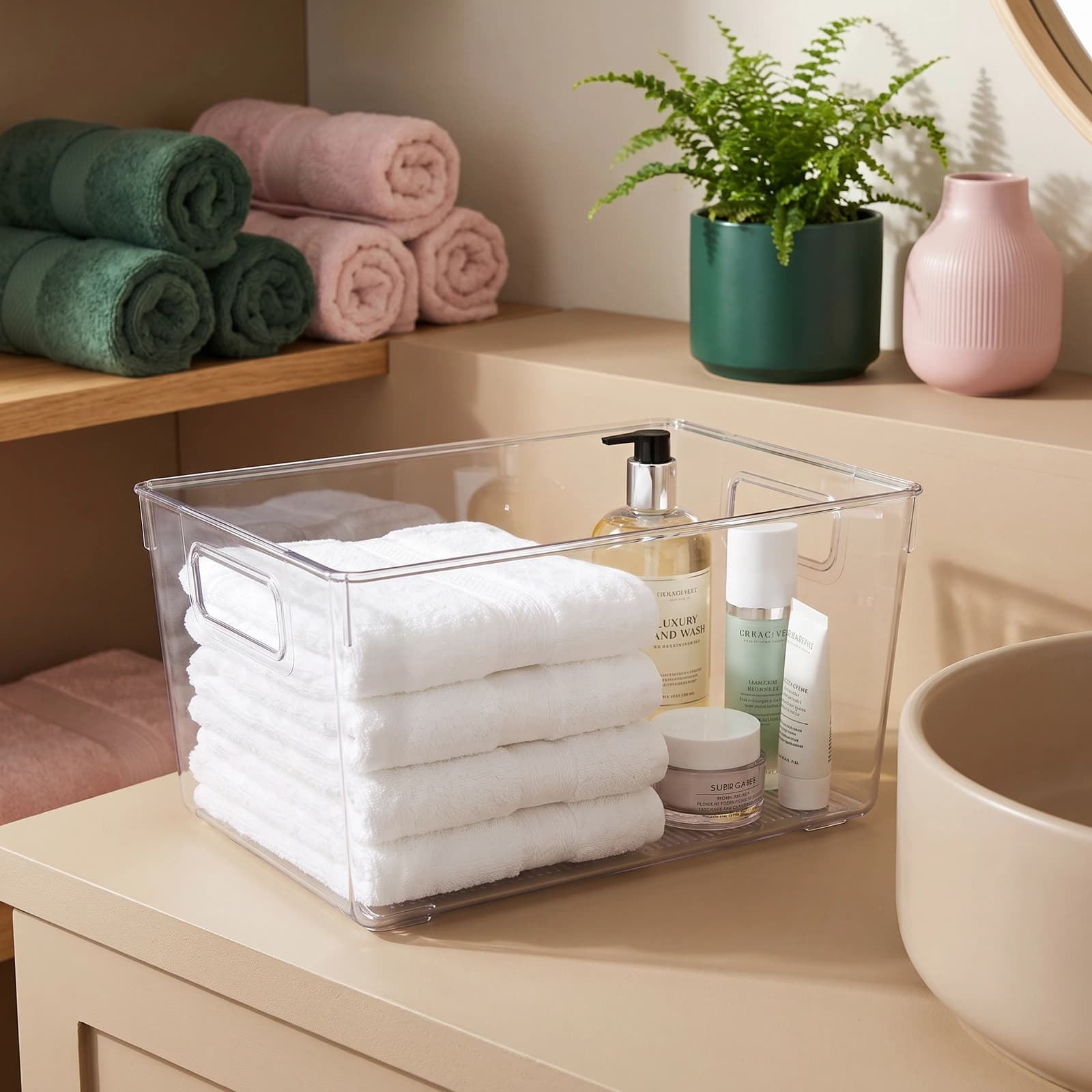 Clear rectangular acrylic storage basket with integrated handles on a white shelf