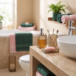 Five-piece smoky grey glass bathroom accessory set with diamond texture including soap dispenser, toilet brush holder, two c… - view 5