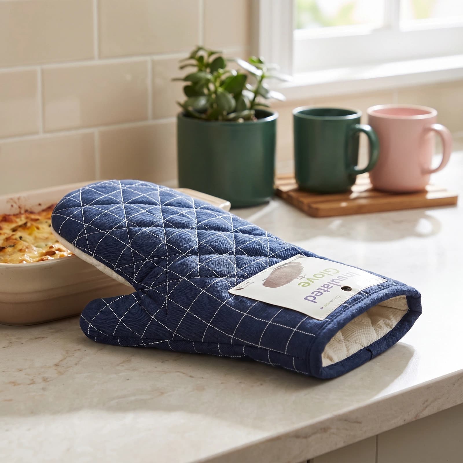 Single navy blue and off-white quilted cotton oven mitt with a white grid pattern, folded on a white background.