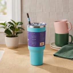 Aqua blue stainless steel tumbler with a dark lid, blue flip-top, and brown straw on a white surface. - view 3