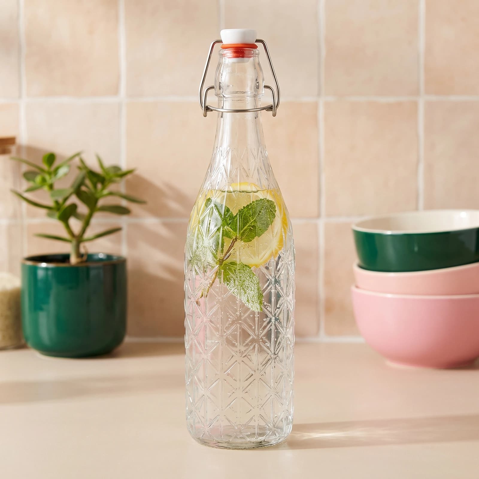 Clear glass bottle with diamond pattern texture, white swing top stopper, and orange rubber seal on a white shelf.