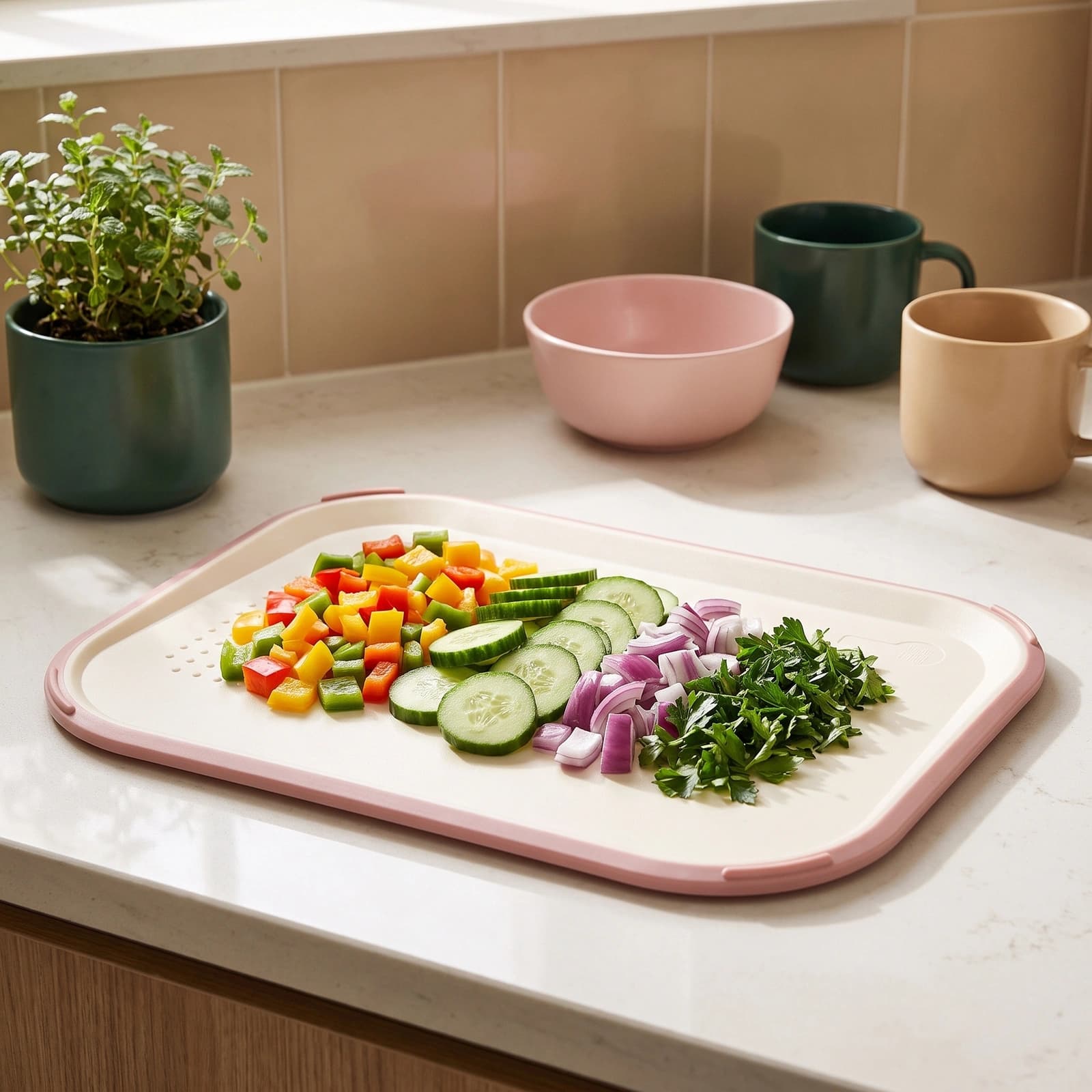 Cream plastic cutting board with pink trim, holding chopped bell peppers, cucumber, onion, and parsley on a kitchen counter.