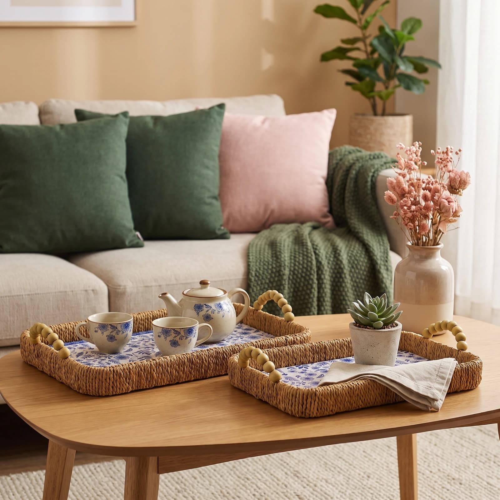 Two rectangular woven khous serving trays with blue floral plastic liners and wooden bead handles on a wooden coffee table.