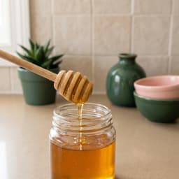 Single light brown wooden honey dipper with a grooved head and a smooth handle, placed horizontally on a white background. - view 1