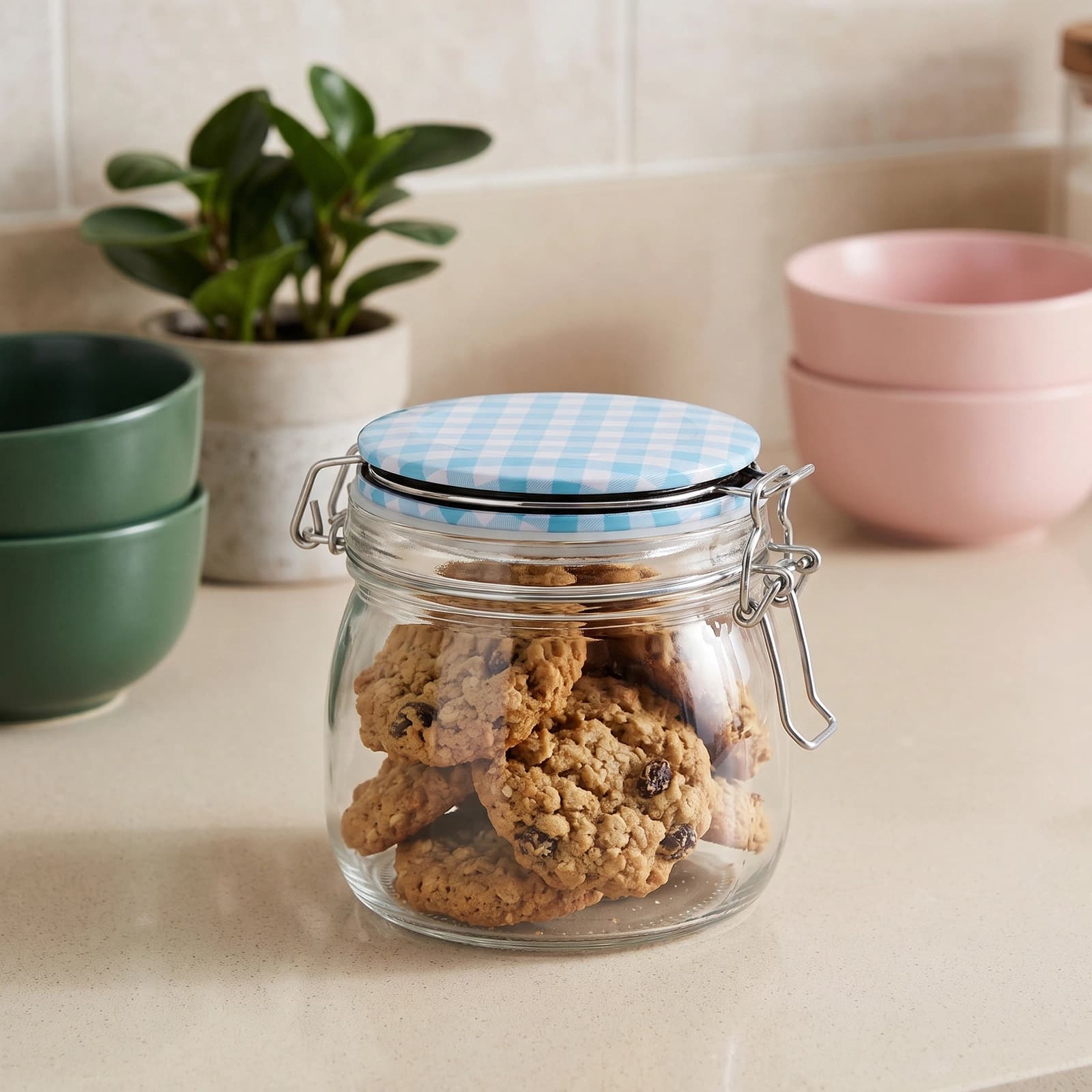 Glass Jar with Blue Gingham Clip-Top Lid
