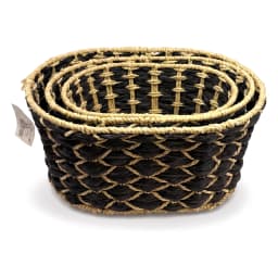 Set of three oval Khous storage baskets in black and natural beige woven pattern, stacked on a white background. - view 3