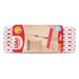 Red and white 40cm microfiber flat mop with a grey handle, shown in its packaging on a white background. - view 3