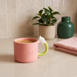 Coral pink ceramic mug with embossed text and a two-tone lime green and white ergonomic handle on a white background. - view 1