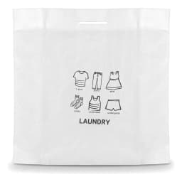 White non-woven fabric laundry bag with black line art icons of a t-shirt, pants, skirt, socks, underwear, and 'LAUNDRY' tex… - view 2