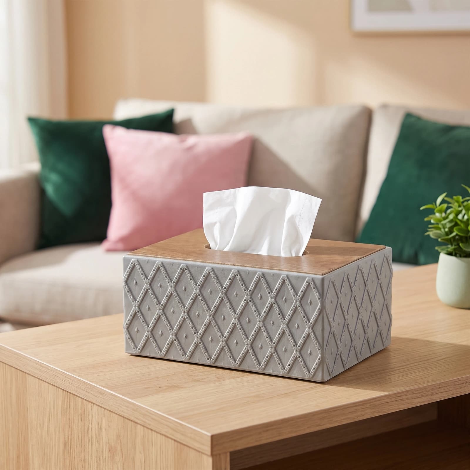 Rectangular tissue box cover with a brown wood grain top and grey leather sides featuring an embossed diamond pattern on a w…