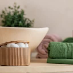 Porcelain Storage Jar with Wood Lid - Beige Ribbed - view 4