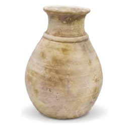 Single rustic beige porcelain decorative vase with a bulbous body and narrow neck on a white background - view 2