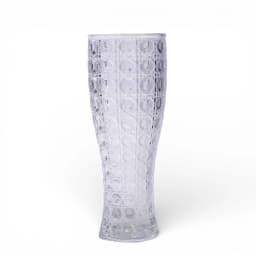 Tall clear glass vase with a repeating geometric octagon and square pattern on a white background. - view 2