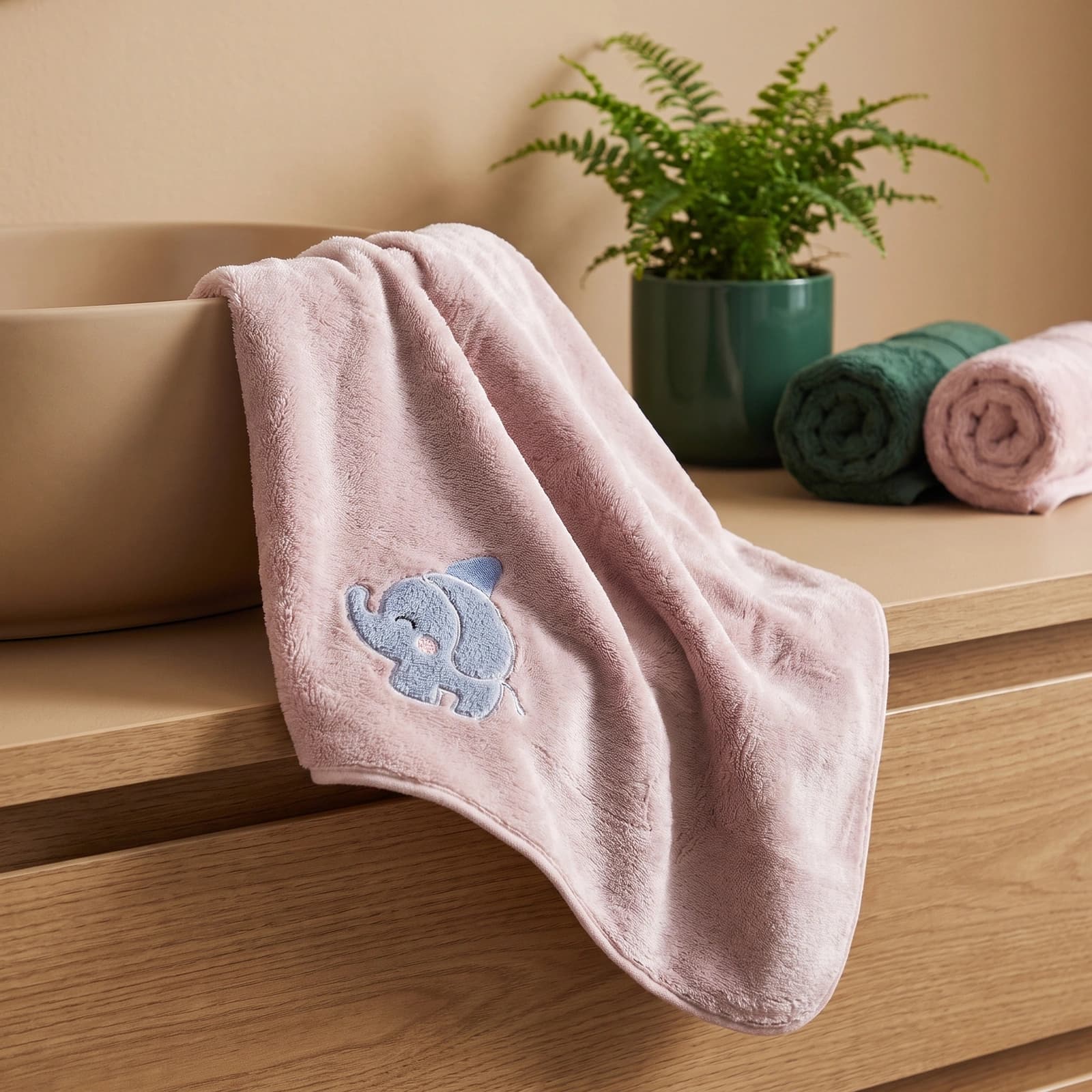 Single pink microfiber towel with a small blue and grey elephant design, hanging against a white background.
