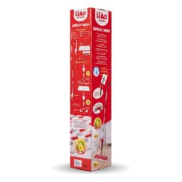 Red spray mop with a white microfiber pad, shown on its red and white product packaging box. - view 3
