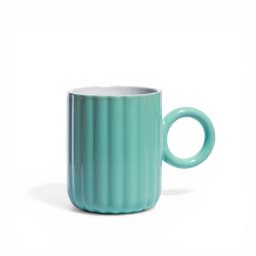Single orange ceramic mug with vertical ridges and a round handle, interior is white, on a white background. - view 3
