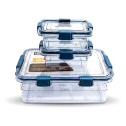 Three clear rectangular plastic food storage containers with blue clasps, stacked on top of each other on a white background. - view 2