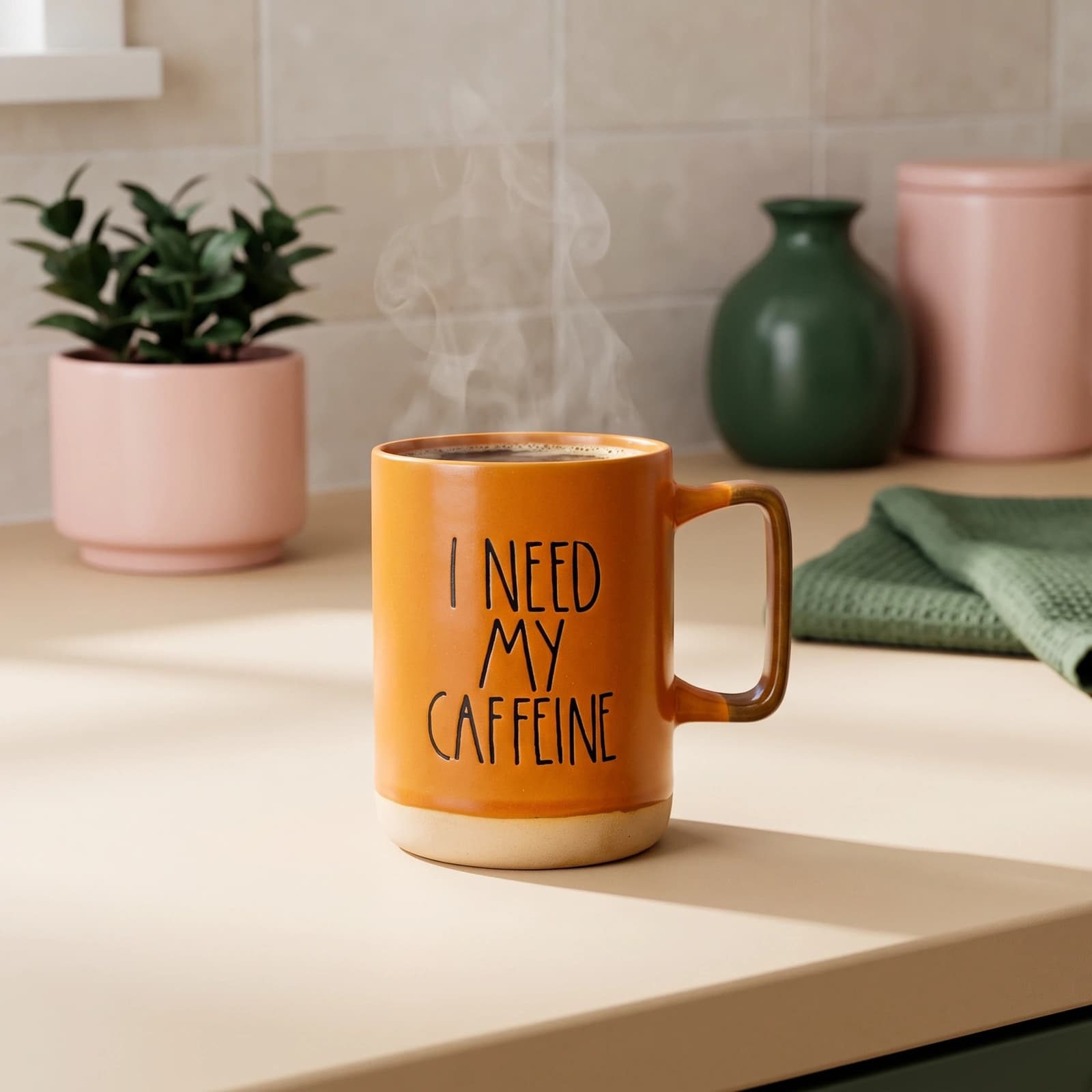 Orange ceramic mug with 'I NEED MY CAFFEINE' text, brown handle, and natural beige base on a white background.