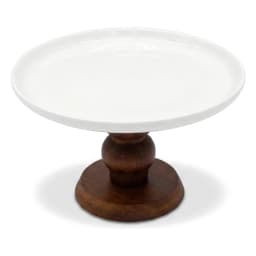 Porcelain Cake Stand with Wooden Base - White - view 2