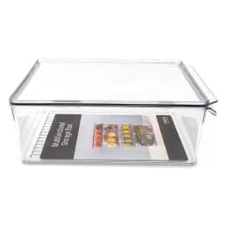 Clear rectangular acrylic storage container with a separate clear lid, on a white background, showing its transparency. - view 3