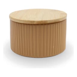 Porcelain Storage Jar with Wood Lid - Beige Ribbed - view 2