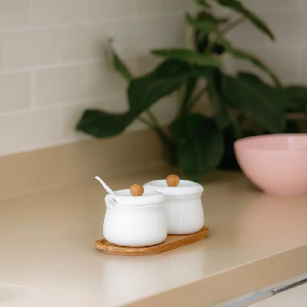 White Porcelain Condiment Jar Set with Wood Tray & Spoon