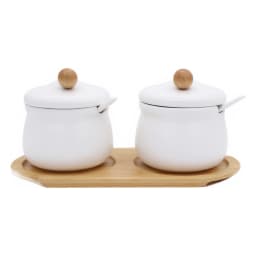 White Porcelain Condiment Jar Set with Wood Tray & Spoon - view 3