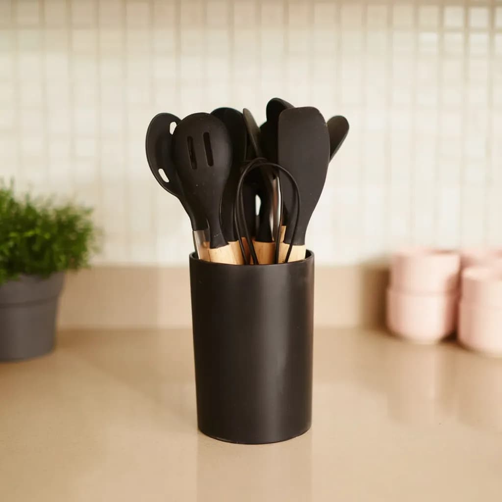 Kitchen Utensil Set - Silicone & Wood Handles with Holder - Black