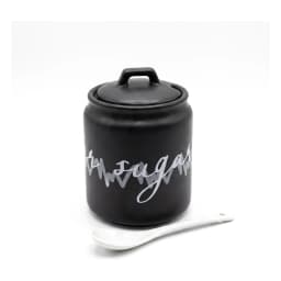 Complete 17-piece black ceramic coffee and tea set on a dark wooden tray with a black metal stand, white background. - view 2