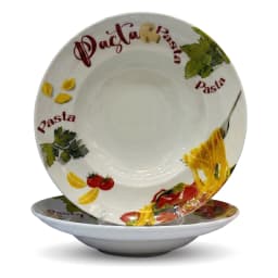 Two white porcelain deep plates with colorful pasta, tomato, mushroom, and parsley illustrations, stacked on a white backgro… - view 2