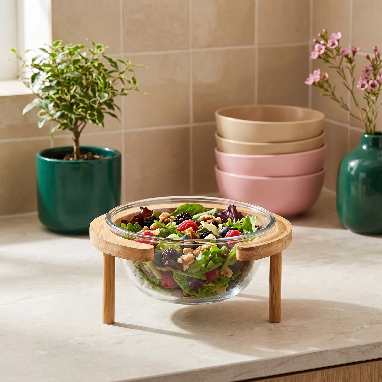 Glass Serving Bowl with Wood Stand - Clear