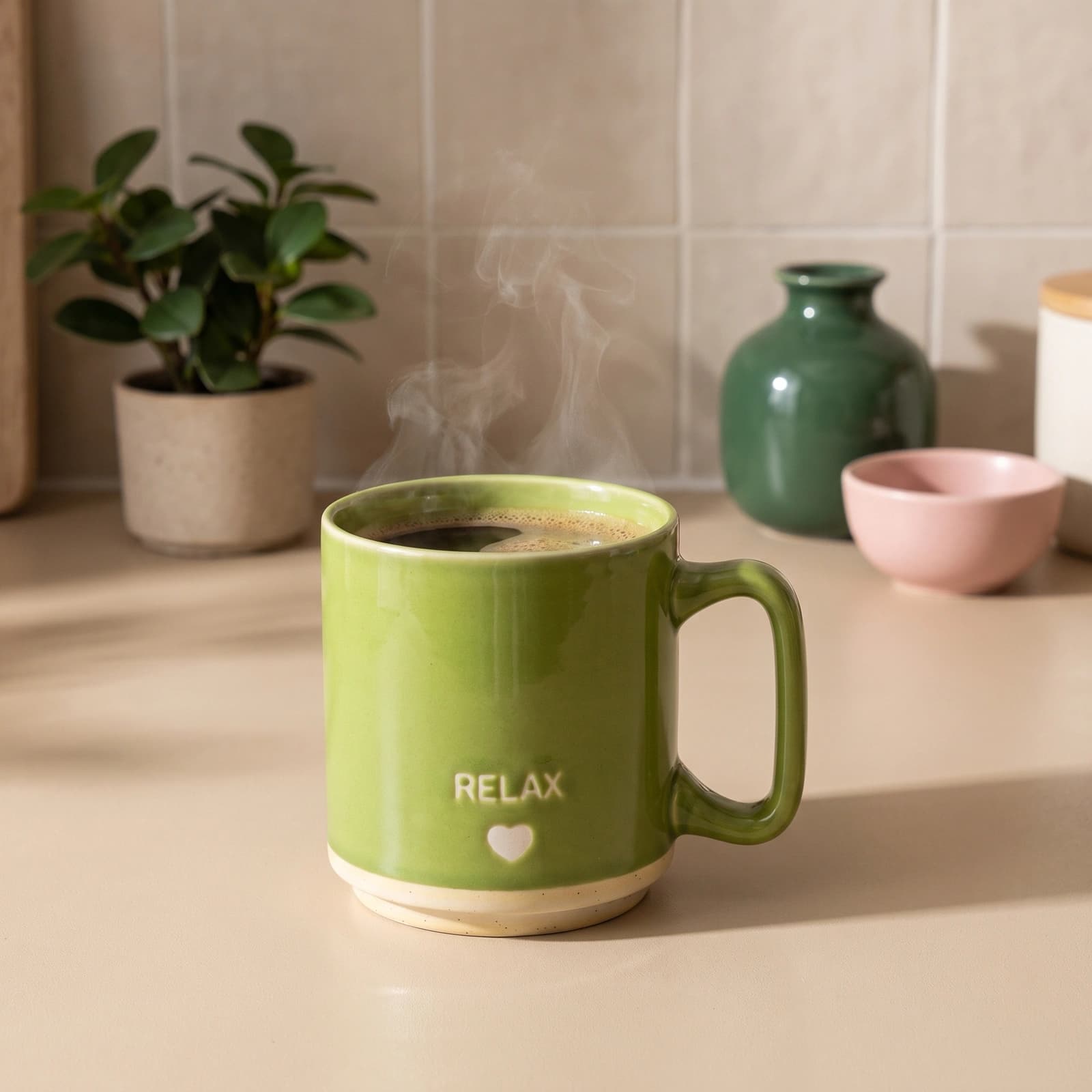 Glossy green ceramic mug with "RELAX" and a white heart, featuring a matte beige base, on a white background.