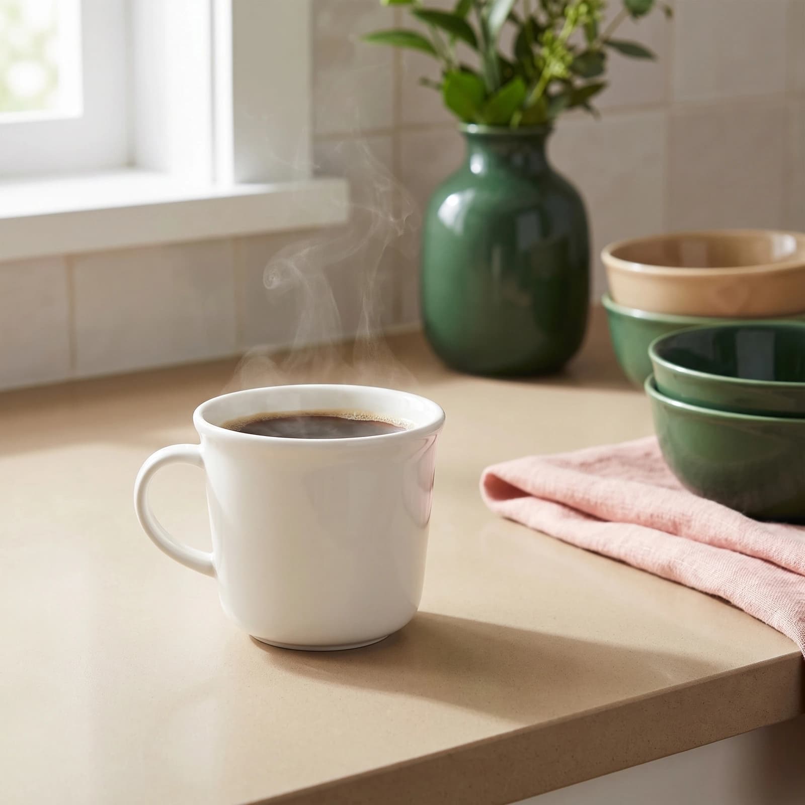 Single white ceramic mug with a handle on a white surface against a light brown wooden background
