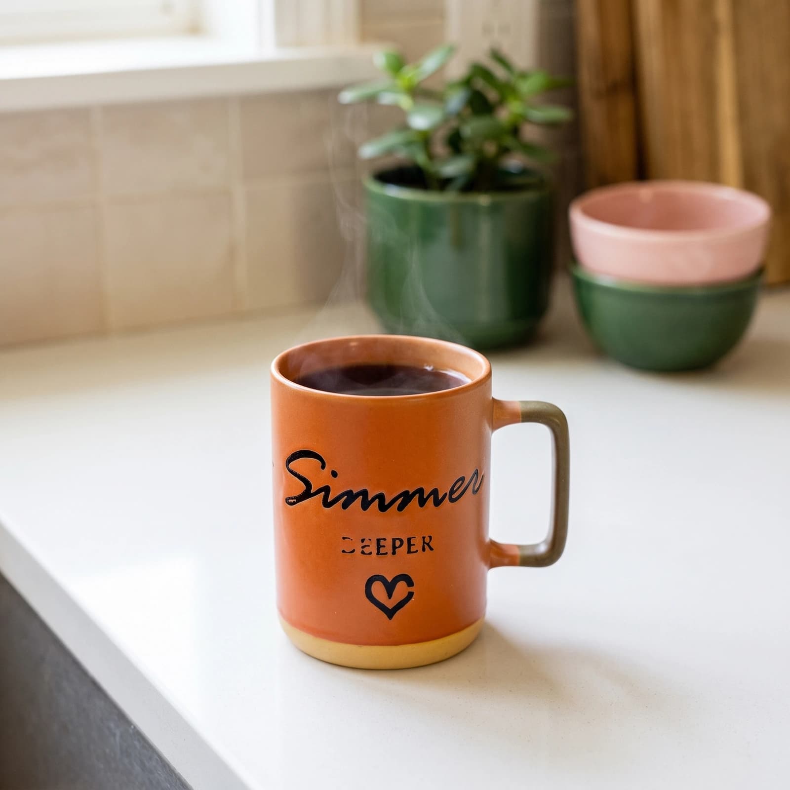 Orange ceramic mug with "Simmer Deeper" text and heart, dark brown handle, and light beige base on a white background.