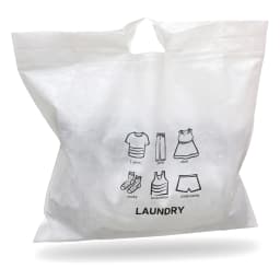 White non-woven fabric laundry bag with black line art icons of a t-shirt, pants, skirt, socks, underwear, and 'LAUNDRY' tex… - view 3