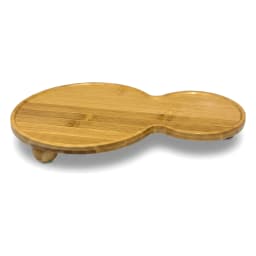 Light brown natural wood serving tray with two connected oval sections, elevated on small round feet, on a white background. - view 3