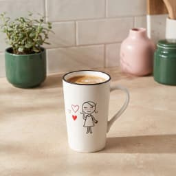 Single white ceramic mug with a black rim, featuring a black outline drawing of a girl and three red hearts. - view 1