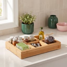 Light brown wood organizer with six square and rectangular compartments, arranged on a white background. - view 4