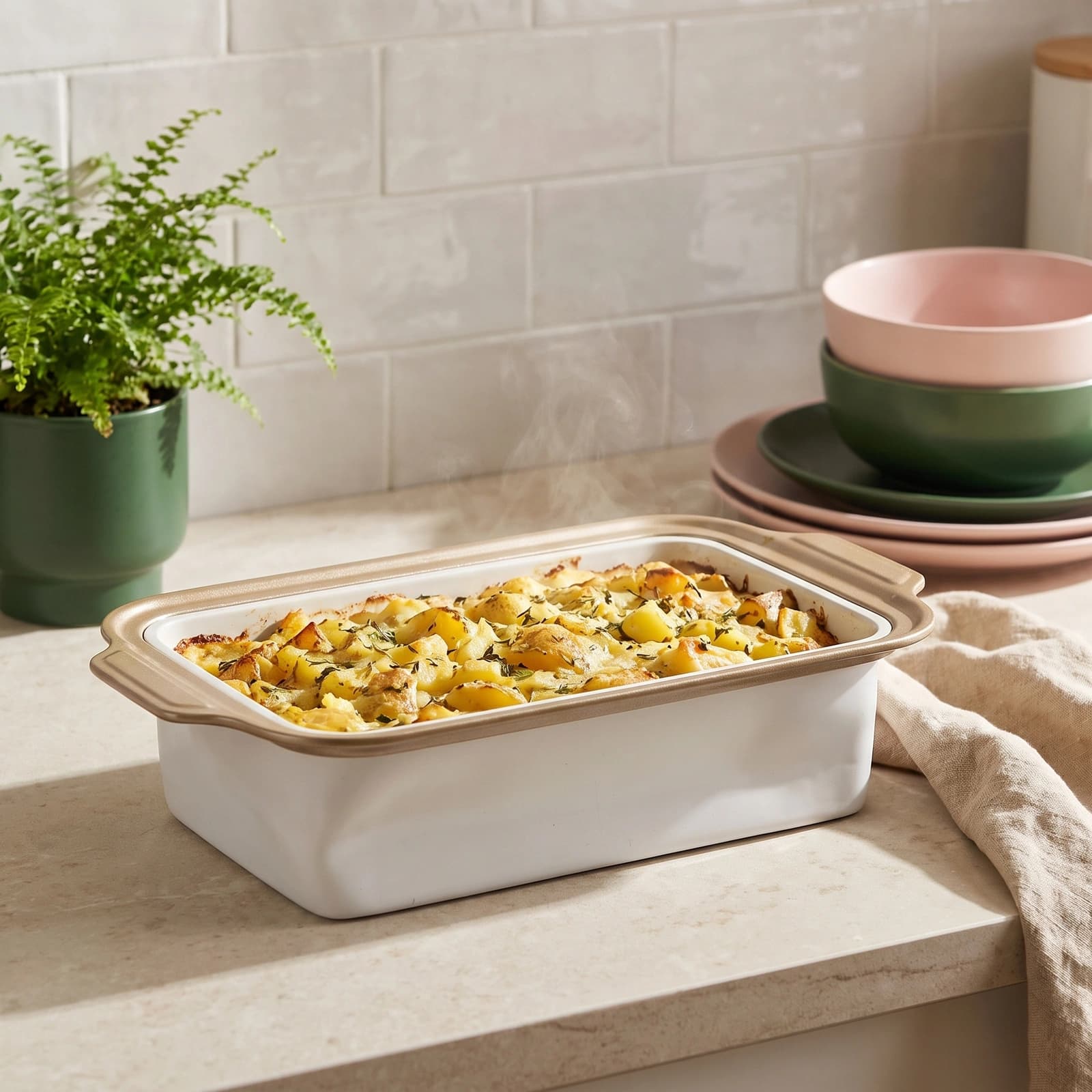 Rectangular ceramic baking dish with light grey exterior, white interior, and brown rim on a white background