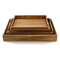 Set of 3 Wooden Serving Trays with Gold Handles - Brown - view 3