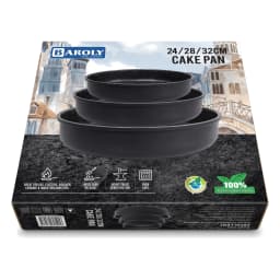 Set of three round black speckled granite baking dishes, stacked from largest to smallest, on a white surface. - view 4