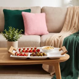 White Rectangular Divided Porcelain Serving Plate with Wood Handles - view 4